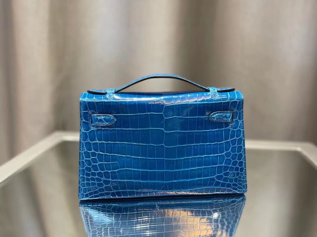 에르메스 켈리 포쉐트 블루 금장 샤이니 악어가죽